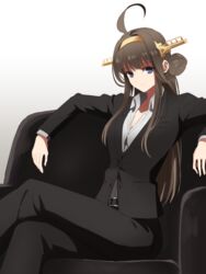  ahoge bad_id bad_pixiv_id brown_hair commentary_request crossed_legs double_bun dress_shirt female formal furo_(harirate) hair_bun hairband headgear kantai_collection kongou_(kancolle) long_hair necktie pant_suit pants shirt sitting solo suit 