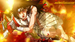  bandage bandages black_hair flower_petals forehead_protector kunai lipstick long_hair looking_at_viewer makeup naruto petals red_eyes shuriken_(artist) solo toes weapon yuuhi_kurenai 