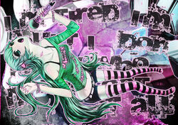  belt bracelet commentary_request english_text female green_eyes green_hair hatsune_miku jewelry jjwww_love long_hair microphone midriff nail_polish navel open_mouth photoshop_(medium) shorts sleeves_pushed_up solo striped_clothes striped_thighhighs tattoo thighhighs very_long_hair vocaloid 