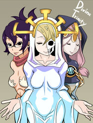  3girls aeon_(skullgirls) black_hair blonde_hair breasts closed_eyes commentary_request eito family folded_ponytail glasses hood hourglass long_hair medium_breasts mother_(skullgirls) mother_and_daughter multiple_girls pink_hair scarf siblings sisters skull skullgirls venus_(skullgirls) 