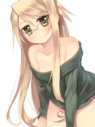  arima_senka bare_shoulders blonde_hair blush bottomless breasts cleavage female glasses green_eyes kashiwamochi_yomogi long_hair long_sleeves medium_breasts naked_sweater no_pants off-shoulder_sweater off_shoulder original photoshop_(medium) simple_background solo sweater 