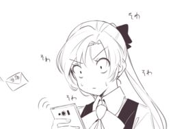  akigumo_(kancolle) artist_self-insert bad_id bad_pixiv_id cellphone commentary envelope female furo_(harirate) kantai_collection long_hair monochrome no_nose phone ponytail smartphone solo translated waiting 