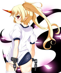  alternate_costume alternate_hairstyle ass bad_id bad_pixiv_id blonde_hair blue_buruma blush buruma chains covering_ass covering_privates cuffs female from_behind glowing gym_uniform horns hoshiguma_yuugi long_hair looking_back nishimuku_meri petals pink_eyes pointy_ears profile shirt_tug single_horn solo thighhighs touhou twintails white_thighhighs 