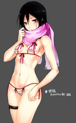  adjusting_scarf bare_arms bare_shoulders bikini black_hair blame! blush breasts brown_eyes cameltoe closed_mouth commentary_request cowboy_shot female front-tie_bikini_top front-tie_top grey_background highres long_hair looking_at_viewer micro_bikini noise_(manga) photoshop_(medium) pink_bikini pink_scarf sakuma_tsukasa scarf shiny_skin side-tie_bikini_bottom simple_background small_breasts solo standing susono_musubi swimsuit thigh_strap translation_request 