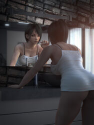  3d ass bra breasts brick brown_eyes female highres incise_soul large_breasts looking_at_viewer mirror nagase_reiko namco ridge_racer toothbrush underwear wall 