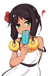  bare_arms bare_shoulders black_hair blush commentary_request covered_mouth dark-skinned_female dark_skin dress female flower food green_eyes hair_flower hair_ornament head_tilt heart highres holding holding_food looking_at_viewer original poppy_girl_(surio) popsicle red_flower sidelocks simple_background sleeveless sleeveless_dress solo strap_slip surio white_background white_dress 