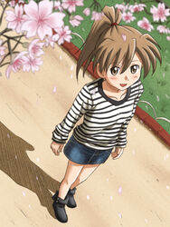  :d brown_eyes brown_hair cherry_blossoms commentary_request denim denim_skirt female from_above lielos looking_at_viewer open_mouth original poniko_(lielos) shirt skirt smile solo striped_clothes striped_shirt 