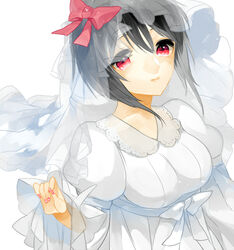  black_hair bow commentary_request dress female idolmaster idolmaster_cinderella_girls kohinata_miho kotobuki_(medetai) nail_polish red_eyes short_hair smile solo veil white_dress 