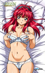  bed_sheet blue_eyes blush bow bow_bra bow_panties bra braid breasts cowboy_shot female grabbing_own_breast green_(game) hairband kouzaka_kouhei long_hair looking_at_viewer lying mizuno_makoto_(green) navel on_back panties photoshop_(medium) pillow pink_hair plaid plaid_panties solo underwear underwear_only 