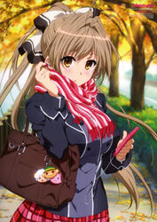  absurdres amagi_brilliant_park antenna_hair bag bag_charm brown_hair cellphone charm_(object) earbuds earphones female hair_intakes highres long_hair macaron_(amaburi) maruki_nobuaki moffle newtype official_art phone plaid plaid_skirt ponytail scan scarf school_bag school_uniform sento_isuzu shoulder_bag single_earphone_removed skirt smartphone tiramii yellow_eyes 