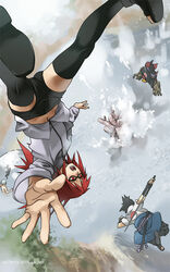  3boys black_legwear black_thighhighs falling fight fighting glasses gyuuki_(naruto) hachibi_no_kyogyu hoozuki_suigetsu houzuki_suigetsu hozuki_suigetsu juugo karin_(naruto) kubikirihouchou multiple_boys naruto naruto_shippuuden navel octopus red_eyes red_hair shuriken_(artist) snow sword thighhighs uchiha_sasuke water weapon 