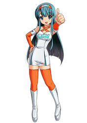  aqua_eyes aqua_hair boots detached_sleeves dress female hairband inging_motorsport long_hair orange_thighhighs project_mu race_queen solo thighhighs thumbs_up yamaguchi_miu zettai_ryouiki 