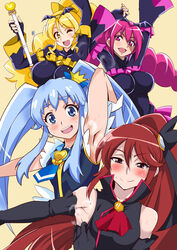  4girls ;d aoi_manabu armpits bad_end_happy bad_end_peace bad_end_peace_(cosplay) bad_end_precure black_bodysuit black_gloves blonde_hair blue_bow blue_eyes blue_hair blush bodysuit bow brooch commentary_request cosplay crown crown_bow cure_honey cure_princess earrings elbow_gloves fingerless_gloves genderswap_(mtf) gloves gold_crown hair_ornament hairpin happinesscharge_precure! heart heart_brooch heart_wand high_ponytail in-franchise_crossover jewelry long_hair magical_girl mini_crown multiple_girls one_eye_closed oomori_yuuko open_mouth phantom_(happinesscharge_precure!) pink_eyes pink_hair pointed_crown ponytail precure red_hair rule_63 shirayuki_hime smile smile_precure twintails unlovely_(happinesscharge_precure!) wand wide_ponytail yellow_background yellow_eyes 