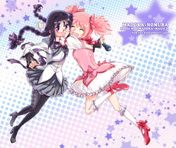  2girls ^_^ akemi_homura akemi_homura_(magical_girl) argyle_clothes argyle_legwear black_hair black_pantyhose bomb bow braid bubble_skirt closed_eyes commentary_request explosive footwear_ribbon glasses gloves hairband hairbow high_heels hug kaname_madoka kaname_madoka_(magical_girl) kazura_enji kneehighs long_hair magical_girl mahou_shoujo_madoka_magica mahou_shoujo_madoka_magica_(anime) multiple_girls open_mouth pantyhose pleated_skirt purple_eyes red-framed_eyewear shoes skirt socks spoilers twin_braids white_gloves white_legwear 