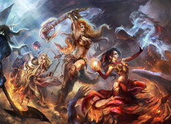  3girls armor armored_boots arms_up axe barbarian_(diablo_3) bare_shoulders battle battle_axe bikini_armor black_gloves black_hair blonde_hair blood blood_splatter boots breasts bustier cleavage commentary_request crusader_(diablo_3) demon detached_sleeves diablo diablo_(series) diablo_3 elbow_gloves fire flail full_armor full_body ghost gloves headband highres holding holding_weapon horns knee_boots large_breasts leg_up long_hair mad-jill magic medium_breasts midriff monster motion_blur multicolored_hair multiple_girls navel open_mouth orange_hair outstretched_arm photoshop_(medium) red_hair shield shouting standing standing_on_one_leg stomach streaked_hair torn_clothes war_paint weapon white_hair wizard_(diablo_3) 