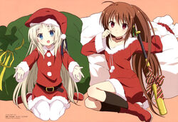  2girls absurdres ahoge baseball_bat blonde_hair blue_eyes boots brown_hair christmas detexted hat highres imageboard_desourced imoto_yuki kneeling legs little_busters! long_hair megami_magazine megami_magazine_deluxe multiple_girls natsume_rin non-web_source noumi_kudryavka official_art open_mouth pantyhose red_eyes santa_costume santa_hat scan socks third-party_edit white_legwear 