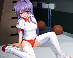  ball basketball bloomers blush clannad cropped eto fujibayashi_kyou gym_uniform purple_eyes purple_hair sport thighhighs 