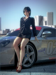  3d breasts brown_eyes building car female formal highres incise_soul large_breasts looking_at_viewer motor_vehicle nagase_reiko namco porsche ridge_racer shoe shoes skyline suit tire 