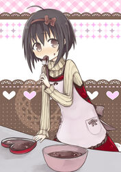  ahoge amakaze_sora apron black_hair blush brown_eyes chocolate commentary_request female food food_on_face hairband heart idolmaster idolmaster_cinderella_girls kohinata_miho mixing_bowl short_hair solo spatula tasting turtleneck valentine 