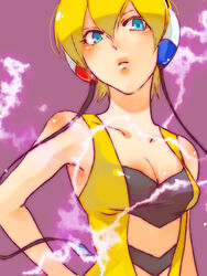  armpits bare_shoulders blonde_hair blue_eyes body_blush breasts cable cleavage closed_mouth collarbone commentary_request elesa_(pokemon) female hair_between_eyes head_tilt headphones looking_at_viewer makoto1009 pokemon pokemon_bw purple_background short_hair simple_background sleeveless small_breasts solo upper_body 