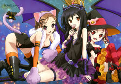  3girls absurdres accel_world animal_ears animal_hands black_hair boots breasts bridal_garter broom brown_eyes brown_hair cleavage detached_sleeves detexted gloves halloween hat highres horns imageboard_desourced kittysuit kouzuki_yuniko kurashima_chiyuri kuroyukihime legs long_hair medium_breasts megami_magazine multiple_girls non-web_source nontraditional_playboy_bunny official_art open_mouth paw_gloves purple_eyes red_eyes red_hair sawada_mika short_hair small_breasts striped_clothes striped_thighhighs tail thigh_boots thighhighs third-party_edit wings witch_hat 