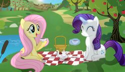  absurd_res apple basket beverage container cutie_mark duo equid equine feathered_wings feathers female feral fluttershy_(mlp) food friendship_is_magic fruit hair hasbro hi_res horn lake long_hair magic_glow mammal my_little_pony mythological_creature mythological_equine mythology outside pegasus pink_hair plant purple_hair rarity_(mlp) shutterflyeqd summer tea tree unicorn water wings yellow_body yellow_feathers 