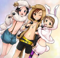  akai_mi_ga_bakuhatsu_shita animal_hood arm_holding black_eyes black_hair blush boy_sandwich brown_eyes brown_hair bunny_hood dog_hood grin himeno_kanon hood idolmaster idolmaster_side-m male_focus microphone mofumofuen multiple_boys navel okamura_nao purple_eyes sandwiched sheep_hood shorts smile tachibana_shirou 