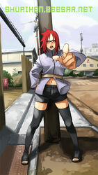  bangs black_legwear black_thighhighs blush female finger fingers full_body glasses karin_(naruto) looking_at_viewer naruto naruto_shippuuden navel open_mouth outdoors pointing red_eyes red_hair shuriken_(artist) solo standing thighhighs toes 