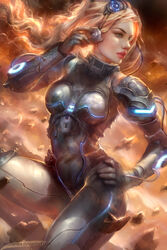  armor black_bodysuit black_gloves blonde_hair bodysuit boobplate breastplate breasts cable commentary debris enshanlee eyewear_on_head female floating_hair gloves green_eyes hand_on_own_hip hand_up highres knee_up light lips long_hair looking_away looking_to_the_side medium_breasts nose nova_(starcraft) parted_lips realistic solo starcraft terran wind 