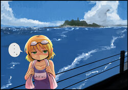  akisame_ruu bad_id bad_pixiv_id blonde_hair cloud commentary_request day enoshima female goggles green_eyes island mizuhashi_parsee ocean one-piece_swimsuit outdoors pointy_ears school_swimsuit short_hair sky solo swimsuit touhou towel water 