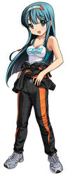  aqua_eyes aqua_hair bare_shoulders breasts cleavage female hairband inging_motorsport long_hair medium_breasts project_mu racing_suit solo tank_top yamaguchi_miu 