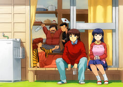  1980s_(style) 2boys 3girls alcohol apron beer blue_hair character_request commentary_request godai_yuusaku ichinose_hanae long_hair long_skirt maison_ikkoku multiple_boys multiple_girls otonashi_kyouko photoshop_(medium) retro_artstyle roppongi_akemi sake sitting skirt smile socks tachibana_roku veranda yotsuya 