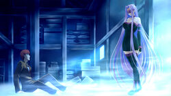  1boy alternate_universe aoki_chibe are_you_my_master bare_shoulders barefoot blindfold breasts cleavage collar commentary_request detached_sleeves dress emiya_shirou fate/stay_night fate_(series) female highres homurahara_academy_school_uniform large_breasts long_hair medusa_(fate) medusa_(rider)_(fate) purple_hair red_hair school_uniform short_hair strapless strapless_dress thighhighs very_long_hair zettai_ryouiki 