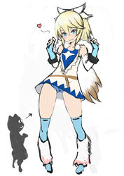  animal ayuria black_cat blonde_hair blue_eyes blue_panties blue_thighhighs blush cape commentary_request dress elbow_gloves feline female fingerless_gloves flat_chest full_body gloves hair_ornament heart johan_(johan13) leg_warmers monster_hunter_(series) monster_hunter_stories over-kneehighs panties pantyshot ponytail short_dress sidelocks standing thighhighs underwear upskirt wide_hips 