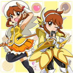  2girls :d battle_spirits battle_spirits:_sword_eyes belt black_legwear blush boots brown_eyes brown_hair card checkered_background commentary_request cookie dual_persona fingerless_gloves food gloves hair_tubes hand_on_own_hip hat ice_cream jacket kukuri_kizakura multiple_girls one_eye_closed open_mouth orange_skirt pantyhose photoshop_(medium) shoes short_hair sidelocks sinko_(sinsin) skirt smile standing standing_on_one_leg thighhighs yellow_skirt 