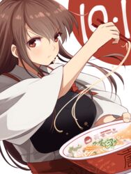  akagi_(kancolle) bad_id bad_pixiv_id brown_eyes brown_hair chopsticks commentary_request eating female food furo_(harirate) japanese_clothes kantai_collection long_hair muneate noodles ramen solo tenkaippin 