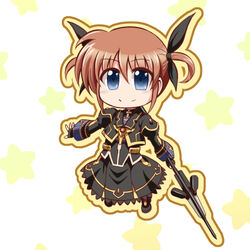  alternate_color azumaya_hironaru black_dress blue_eyes chibi commentary_request dress female fingerless_gloves gloves hair_ribbon long_sleeves lowres lyrical_nanoha magical_girl mahou_shoujo_lyrical_nanoha_innocent raising_heart ribbon short_twintails smile solo star_(symbol) takamachi_nanoha takamachi_nanoha_(exelion_mode) twintails 