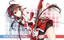  bike_shorts braids brown_eyes brown_hair gloves guitar headphones instrument kurisu_tina long_hair microphone shorts thighhighs vocaloid vocaloid_china yuezheng_ling 