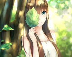  brown_hair close cropped green_eyes kurisu_tina long_hair summer_dress tree 