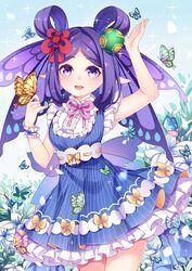  :o absurdres arm_up blue_dress bow bug butterfly butterfly_on_hand butterfly_wings chinese_commentary chuor_(chuochuoi) commentary_request dress female flower frilled_skirt frills hair_ribbon hair_rings hand_up head_wings highres insect_wings kochou_no_sei_(onmyoji) looking_at_viewer medium_hair onmyoji outdoors photoshop_(medium) pink_bow pointy_ears purple_eyes purple_hair purple_wings ribbon skirt standing striped_clothes striped_dress wings wristband yellow_butterfly 