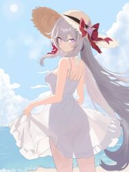  aquamarine725 beach blue_sky bow breasts closed_mouth cloud cloudy_sky dress female grey_hair hat highres honkai_(series) honkai_impact_3rd looking_at_viewer looking_back medium_breasts outdoors pink_eyes red_bow sand sky smile solo summer sun sun_hat sundress thelema_nutriscu water white_dress 