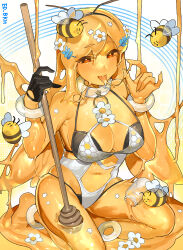  absurdres bee beehive bikini breasts bug colored_skin female flower gloves hair_flower hair_ornament half_gloves highres honey honey_dipper jar large_breasts looking_at_viewer monster_girl original red_eyes sakoku_(oyatsu3ji_) see-through_body slime_(substance) slime_girl swimsuit white_flower 