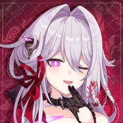  abby_riddle absurdres artist_logo black_choker black_gloves black_horns bright_pupils chinese_commentary choker commentary_request female finger_to_mouth gloves hair_between_eyes hair_intakes hair_ribbon half_gloves highres honkai_(series) honkai_impact_3rd horns light_blush logo long_hair looking_at_viewer one_eye_closed open_mouth portrait purple_eyes red_background red_ribbon ribbon side_horn single_bare_shoulder single_horn smile solo thelema_nutriscu thelema_nutriscu_(mad_pleasure:_shadowbringer) white_hair white_pupils 