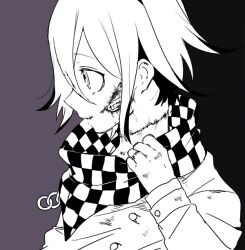  1boy adjusting_scarf checkered_clothes checkered_scarf commentary_request crude_stitches danganronpa_(series) danganronpa_v3:_killing_harmony flipped_hair from_side greyscale guro hair_between_eyes injury looking_at_viewer male_focus medetai monochrome oma_kokichi portrait profile ringed_eyes scar scarf short_hair simple_background solo stitched_neck stitches two-tone_background two-tone_scarf 