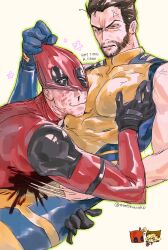  2boys absurdres anger_vein animification beard black_gloves bleeding blood blue_gloves blush bodysuit brown_hair chibi claw_(weapon) clothes_grab commentary_request deadpool deadpool_&amp;_wolverine deadpool_(series) english_text face_to_pecs facial_hair gloves green_eyes heart highres large_pectorals looking_at_another male_focus marvel marvel_cinematic_universe mask mask_lift motokawako multiple_boys muscular muscular_male nosebleed pectoral_grab pectorals red_bodysuit short_hair sleeveless smile stab superhero_costume two-tone_bodysuit weapon wolverine_(x-men) x-men yaoi yellow_bodysuit 