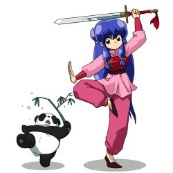  chinese_clothes commentary_request female full_body long_hair panda pants pink_pants pose purple_eyes purple_hair ranma_1/2 shampoo_(ranma_1/2) solo stance standing standing_on_one_leg sword wanta_(futoshi) weapon 