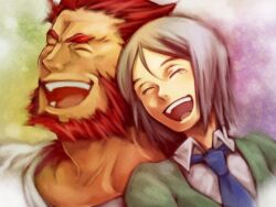  2boys beard black_hair commentary_request facial_hair fate/zero fate_(series) grey_hair iskandar_(fate) laughing male_focus multiple_boys necktie red_hair tears waver_velvet yoshii_kyoko 