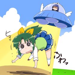  2girls abduction aoki_reika bad_id bad_pixiv_id bakutendou blue_hair green_hair midorikawa_nao multiple_girls nanairogaoka_middle_school_uniform o_o precure school_uniform skirt smile_precure tears tractor_beam ufo 