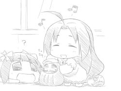  2girls ? ahoge akane_yuki amami_haruka bad_id chibi daruma_doll greyscale hair_ribbon haruka-san idolmaster idolmaster_(classic) miura-san miura_azusa monochrome multiple_girls music musical_note puchimasu! ribbon singing 