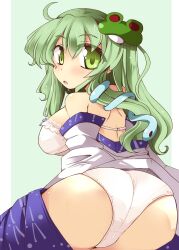  ass back blush bra breasts commentary_request detached_sleeves female frog_hair_ornament green_eyes green_hair hair_ornament hair_tubes highres kochiya_sanae large_breasts long_hair open_clothes open_mouth panties shirogane_(platinum) skirt snake solo touhou underwear white_panties 